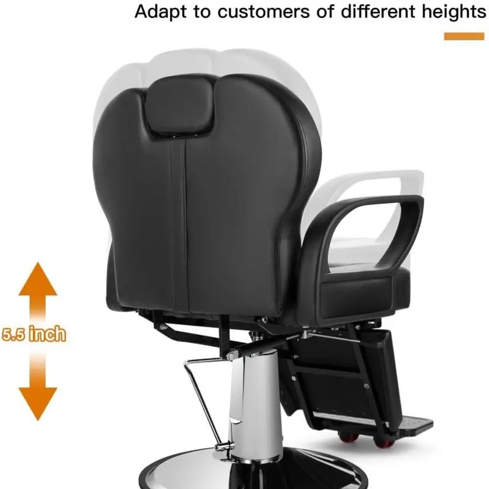 Cadeira de salão reclinável ergonômica com altura e encosto de cabeça ajustáveis, confortável e durável para cabeleireiros, preta