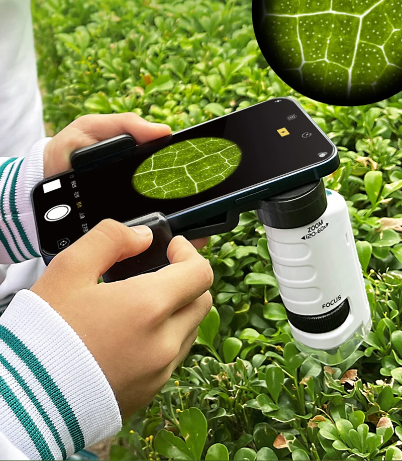 Childrens Microscope Biological Sciences Toy Kit 60-180X Educational Mini Pocket Handheld Smart Phone Microscopes Outdoor Toys