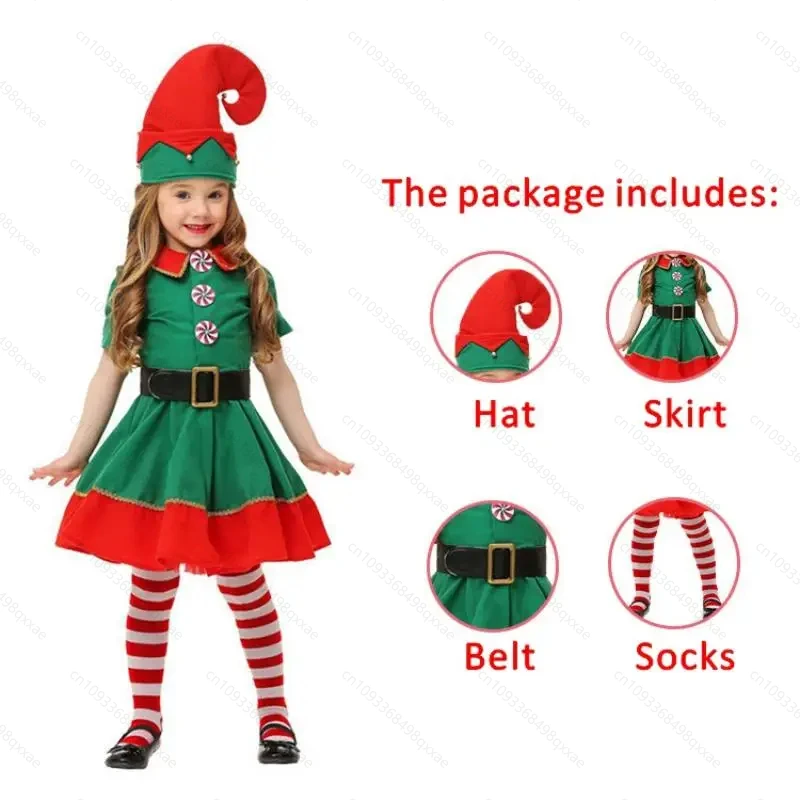 2025 Family Green Christmas Elf Cosplay Costume Santa Claus Outfits for Men Women Girls Boys Xmas New Year Fancy Dress Suit