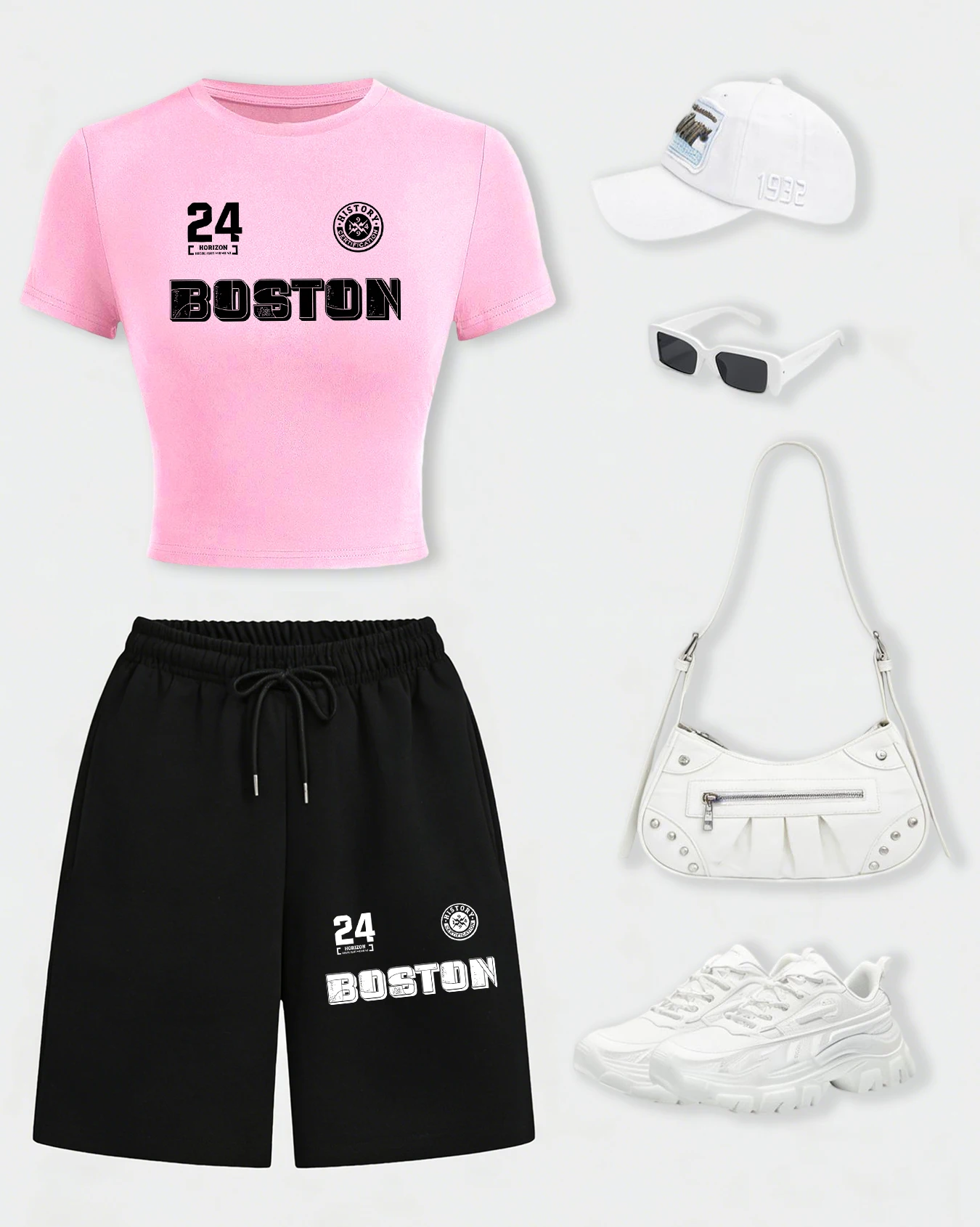 

Женский комплект: футболка с принтом Boston Number 24 и дышащие хлопковые шорты с широкими штанинами, карманами и завязками для спортзала, летние