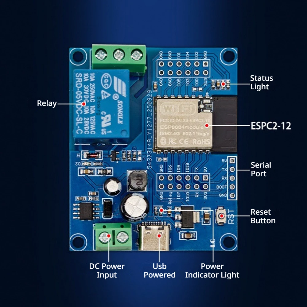 ESP32-C2 1 Channel Relay Module Replace ESP-12F DC5-60V Development Board UART Flash 2x12Pin Programmable Control Relay Module