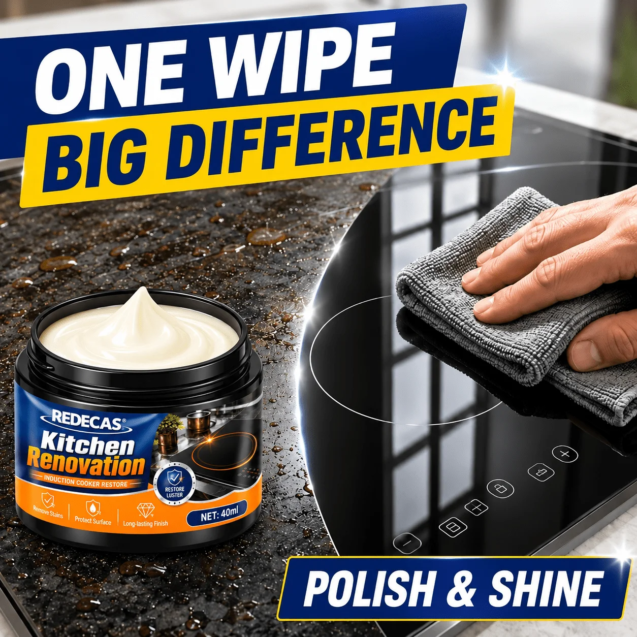 Kitchen Glass Cooktop Renewer Paste + Sponge. Removes Stains, Restores Shine. Pro Formula: Induction, Stoves, Grills & Cookware.