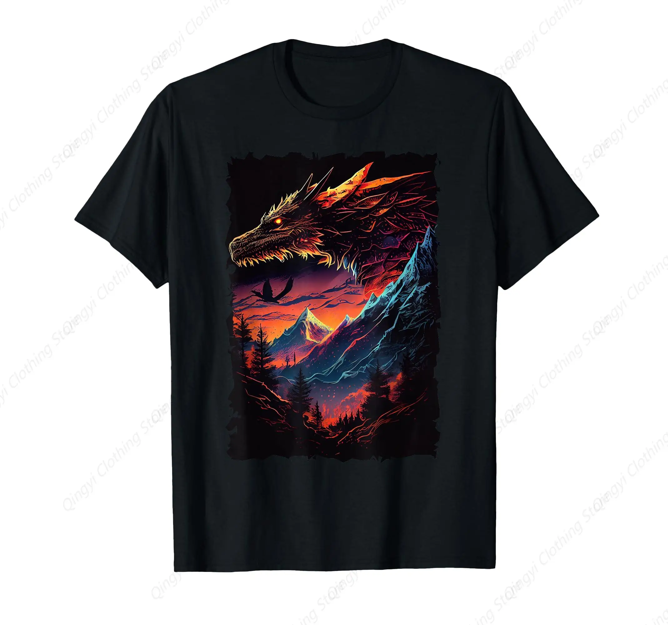 

Dragon with Mountain Sunset Retro Fantasy Adventure Design T-Shirt