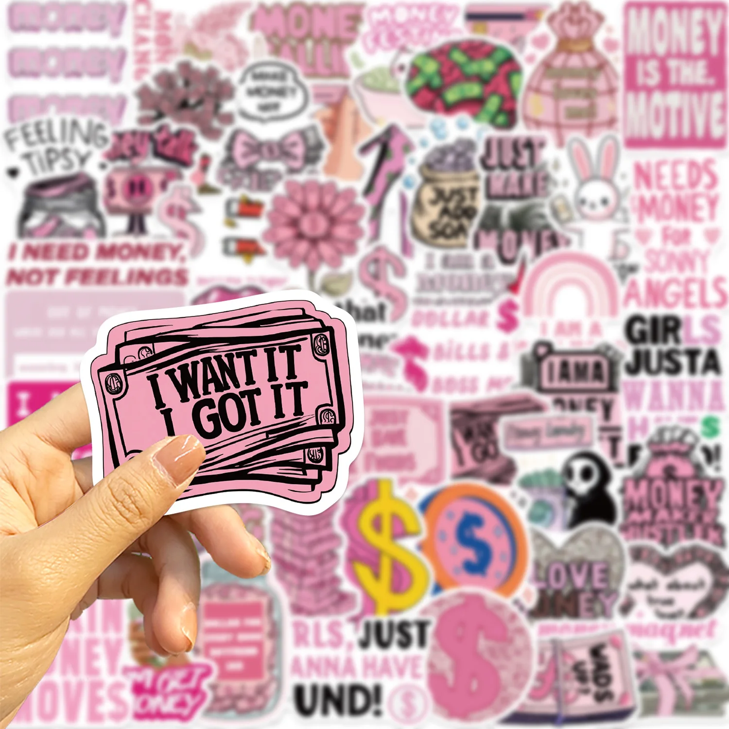 50 SZTUK Różowych Naklejek z Motywem Pieniędzy DIY na Telefon Gitarę Laptop Notatnik Walizkę Butelkę na Wodę Wodoodporne Naklejki Zabawki