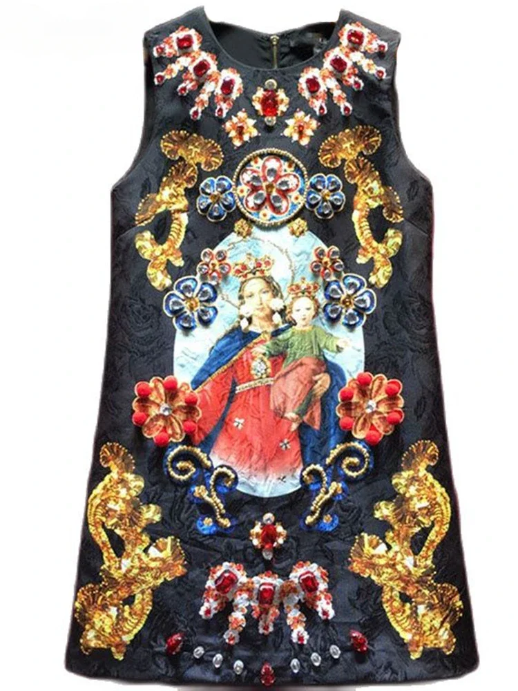 

2024 New Vintage Black Mini Dress Women's Sleeveless Luxurious Diamonds Our Lady Print Ladies Party Runway Dress Boho Dress