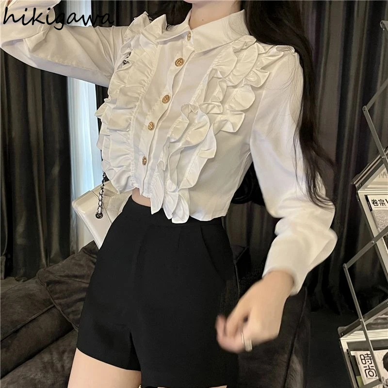 Long Sleeve White Blouse Women 2024 Blusas Mujer De Moda Single Breasted Ruffles Blouses Tops Vintage Korean Chic Summer Shirts