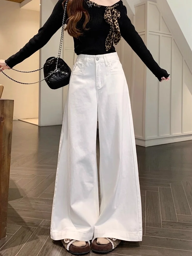 

High Waist Straight Leg White Denim Jeans Women Summer Drapey Loose Long Pants Wide Leg Floor Length Trousers