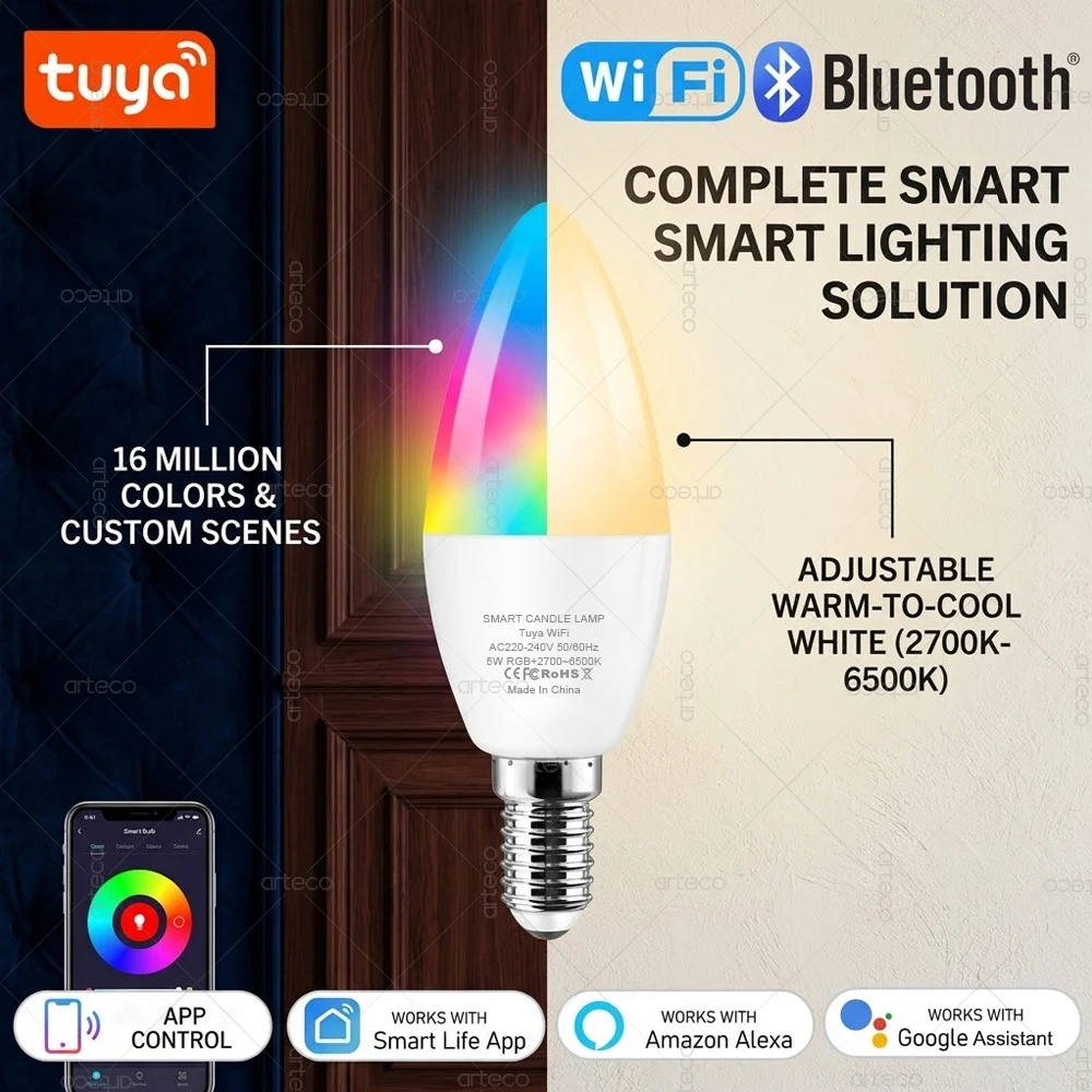 Lámpara de vela Led Tuya E14, bombilla Led con control por aplicación, WiFi o Bluetooth RGB 2700 ~ 6500K, luz regulable, funciona con la aplicación Smart Life