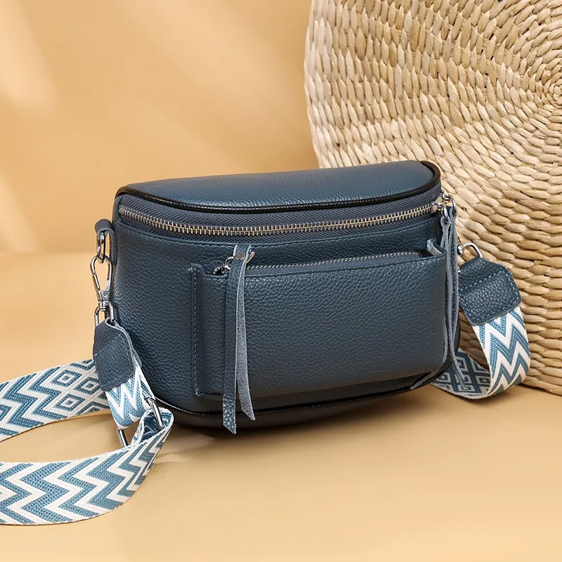 High Quality Genuine Leather Wide Stripe Small Shoulder Bag Women Cross Body Chest Bag Cowhide Leather Vintage Female Waist Pack