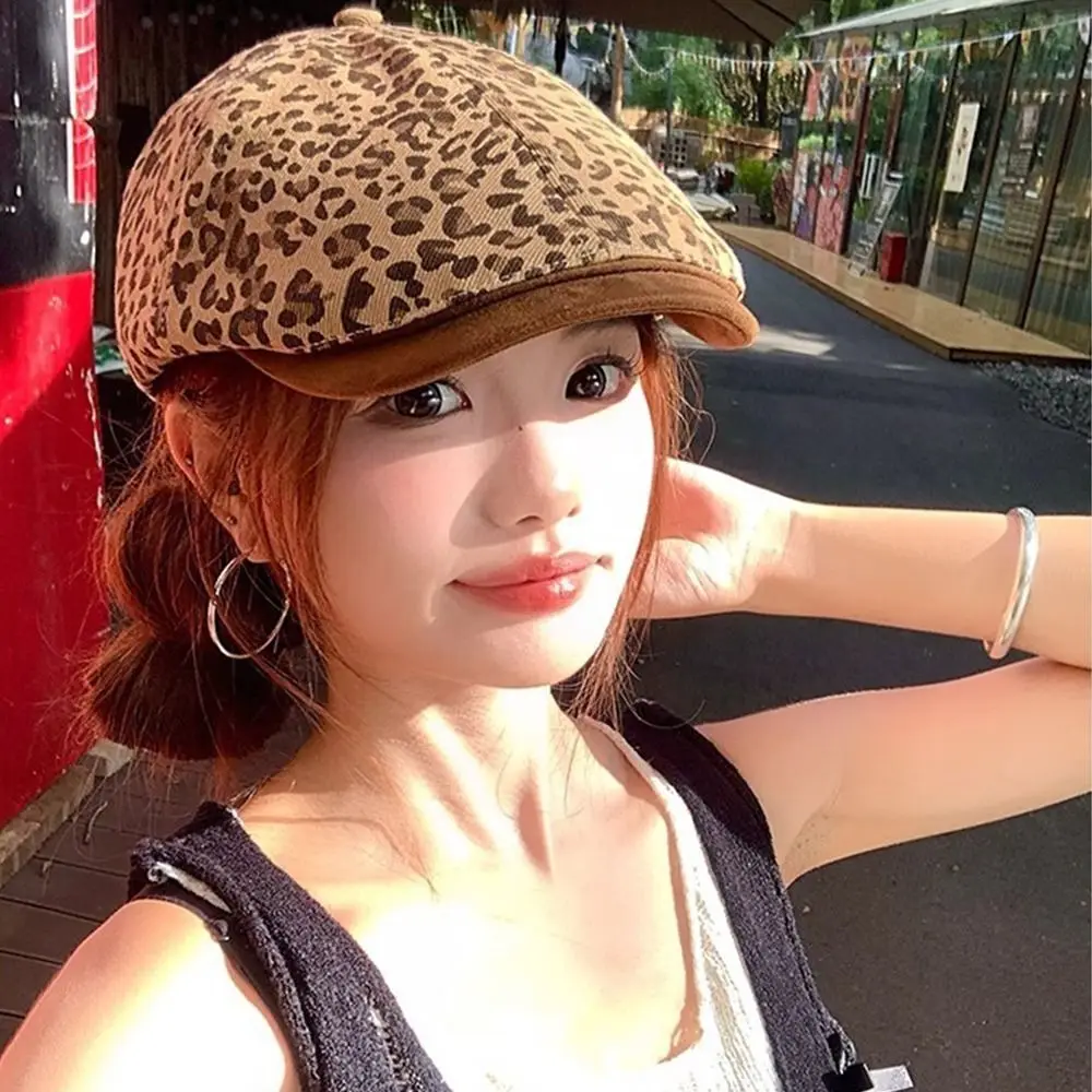 

Casual Vintage Leopard Print Beret Y2k Flat Leopard Newsboy Cap Classic Versatile Painter Cap Outdoor