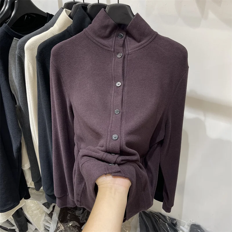 مزدوجة الوجهين أفخم البلوز المرأة الخريف الشتاء لينة الوقوف طوق واحدة الصدر فضفاضة سميكة سترة بأكمام طويلة