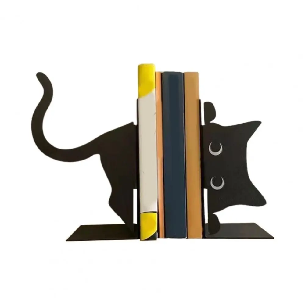 Creative Whimsical Cat Design Metal Bookends Rounded Edges Cartoon Book Holders Black Decorative Cat Bookends Library
