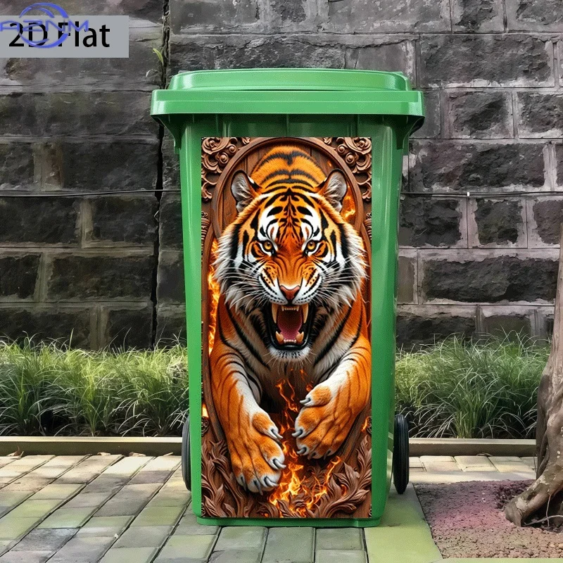 2D Flat Printing 1pc Trash Can Sticker  Flaming Tiger Roaring Mountain Gate Theme Design Wall Sticker Decorative Self-Adhesive
