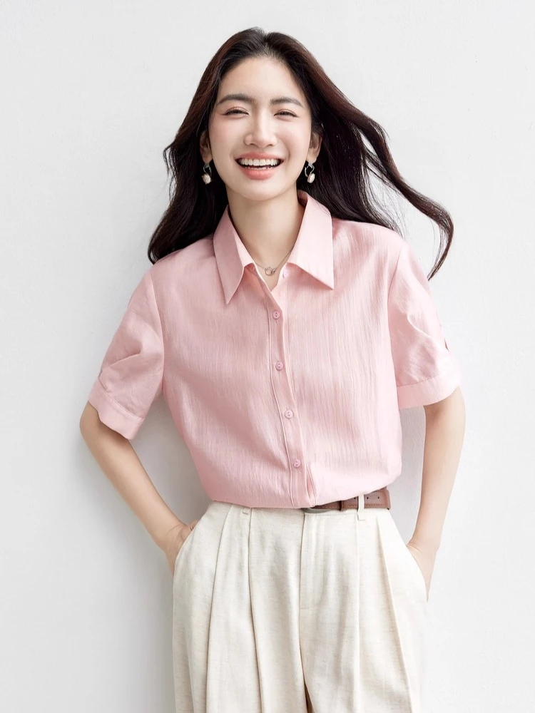 SENTUBILA Lyocell Silk Women's Commuter Shirt 2025 Summer Pleated Lapel Short Sleeve Loose Breathable Top 152C80560