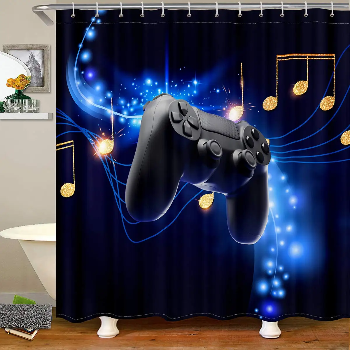 

Gaming Waterproof Shower Curtain Teens Boys Kids Bathroom Decor, Music Notes Printed Gamer Bath Curtain Teal Starry Sky Decor