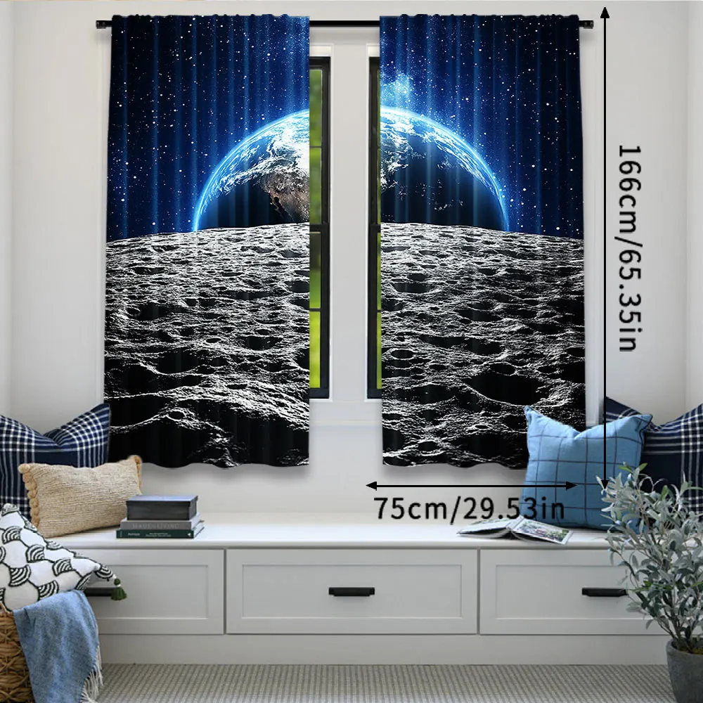2Pcs Galaxy Curtain View Of Earth Globe From The Moon Surface Out Space Dark Matter Galaxy For Bedroom Living Room And Dining