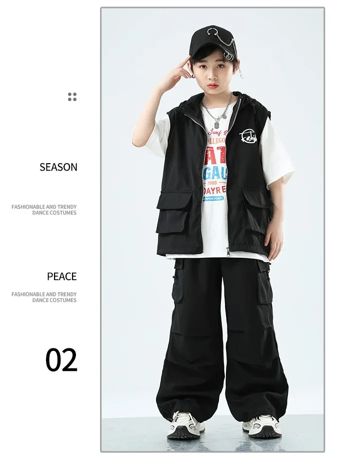 Kinder Hip-Hop Street Dance Outfit Set Jungen Mädchen Bühnenkostüm Trendige Ärmellose Weste Modenschau Partykleidung – Detail 8