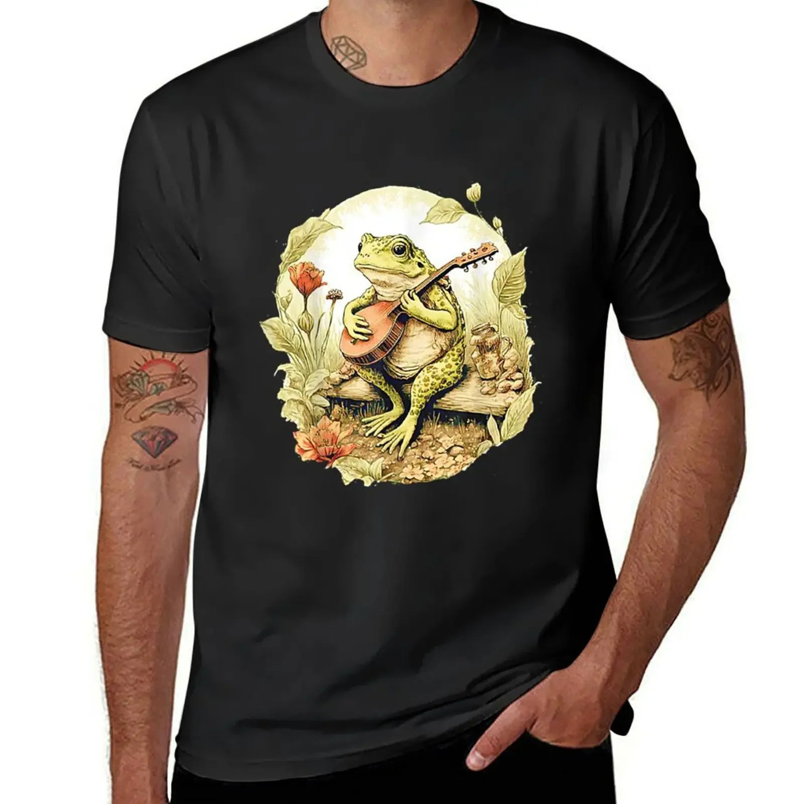 Frog Playing Banjo On Log, Funny Cottagecore Aesthetic Frog With Musical instrument T-Shirt sublime shirts graphic shirts men