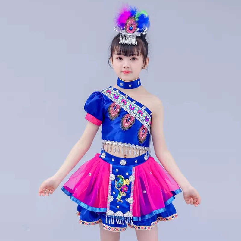 Desempenho das crianças traje miao étnico bambu pólo dança traje hanfu estilo chinês