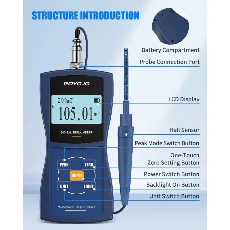 High Precision Digital Gaussian Meter Portable Magnetometer Metal Probe Magnetic Intensity Polarity Measurement OEM