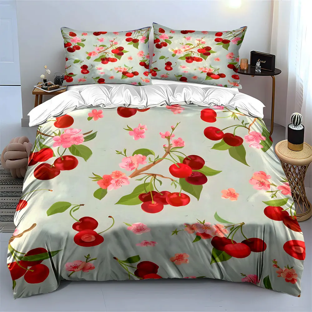 Beautiful cherries and pink blossoms Print Bedding set 3PC 1 duvet cover 2 pillowcases adult and children bedding set Luxury