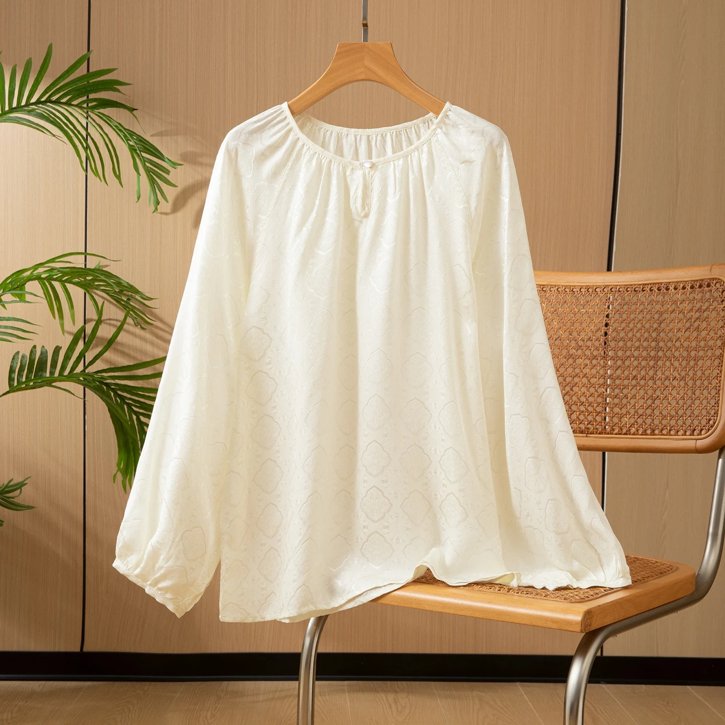 الملابس النسائية 100% التوت الطبيعي الحرير الجاكار زهرة الورد الجولة الرقبة فانوس بأكمام طويلة تنوعا تي شيرت غير رسمي #6