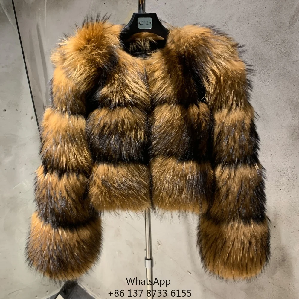 

Высококачественная короткая повседневная женская шуба из меха енота с длинными рукавами, теплая зимняя