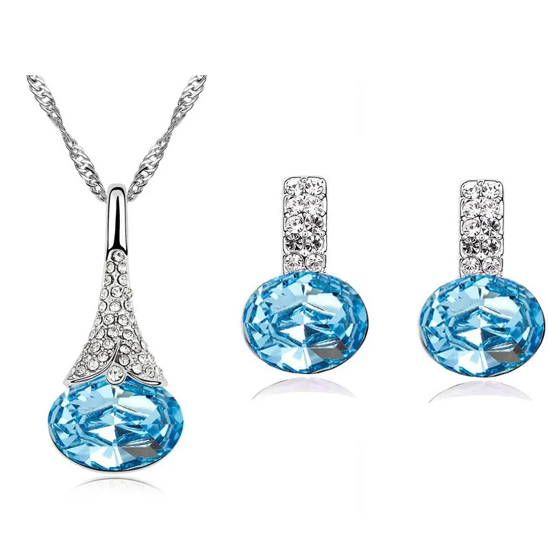 

dropshipping wedding quality charm girl crystal Flower water egg elliptic pendant necklace earring fashion jewelry lovers gift
