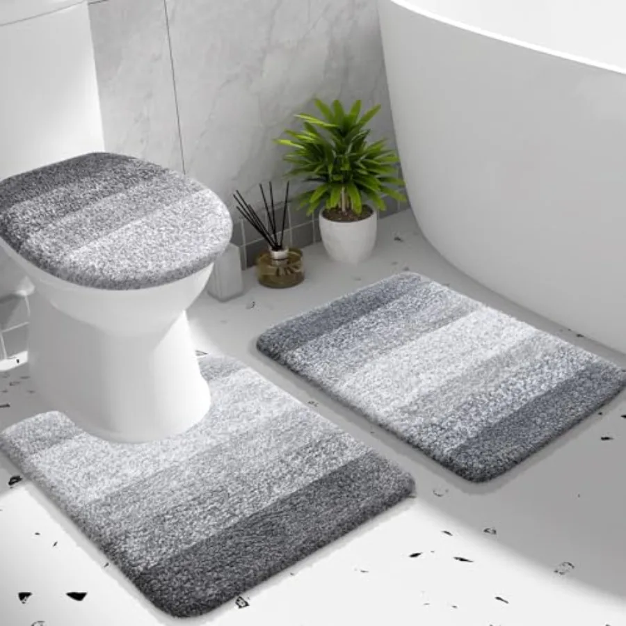 

Bathroom Rugs Sets 3 Pcs Soft Microfiber Absorbent Bath Mat U-Shaped Contour Toilet Mat and Toilet Lid Cover Quick Dry Machine