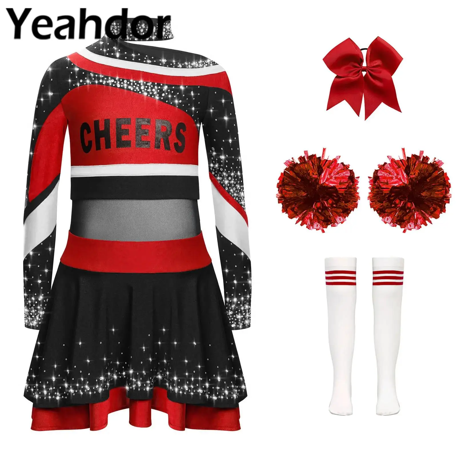 

Kids Girls Cheerleading Costume Dance Uniform Long Sleeve Cheer Up Sets with Hand Flowers Striped Socks for Stage Performance