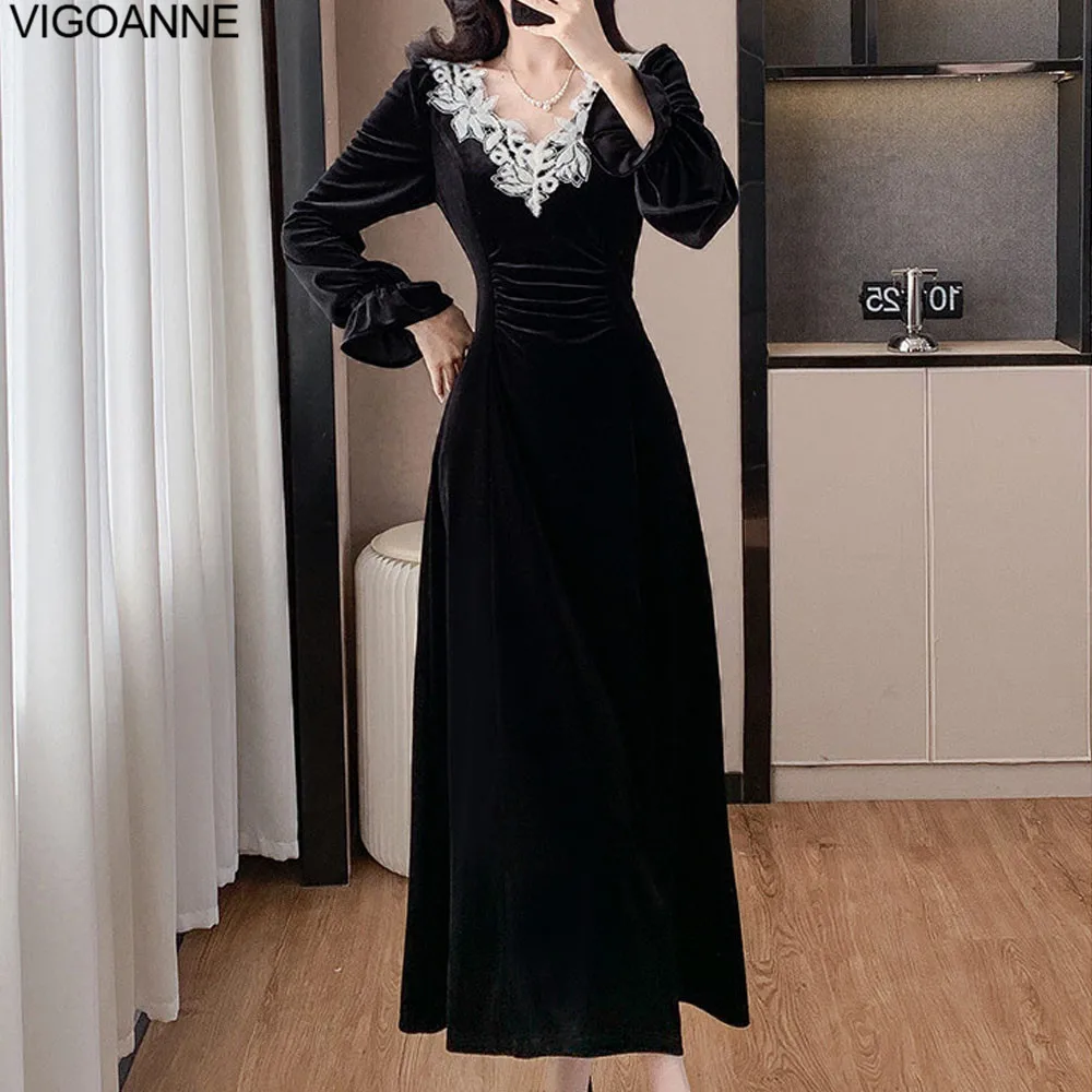 VigoAnne 2025 Woman Korean Long Sleeve Dress Spring Autumn Verge V Neck Velvet Dress Lady Crystal Evening Party Tight Long Dress