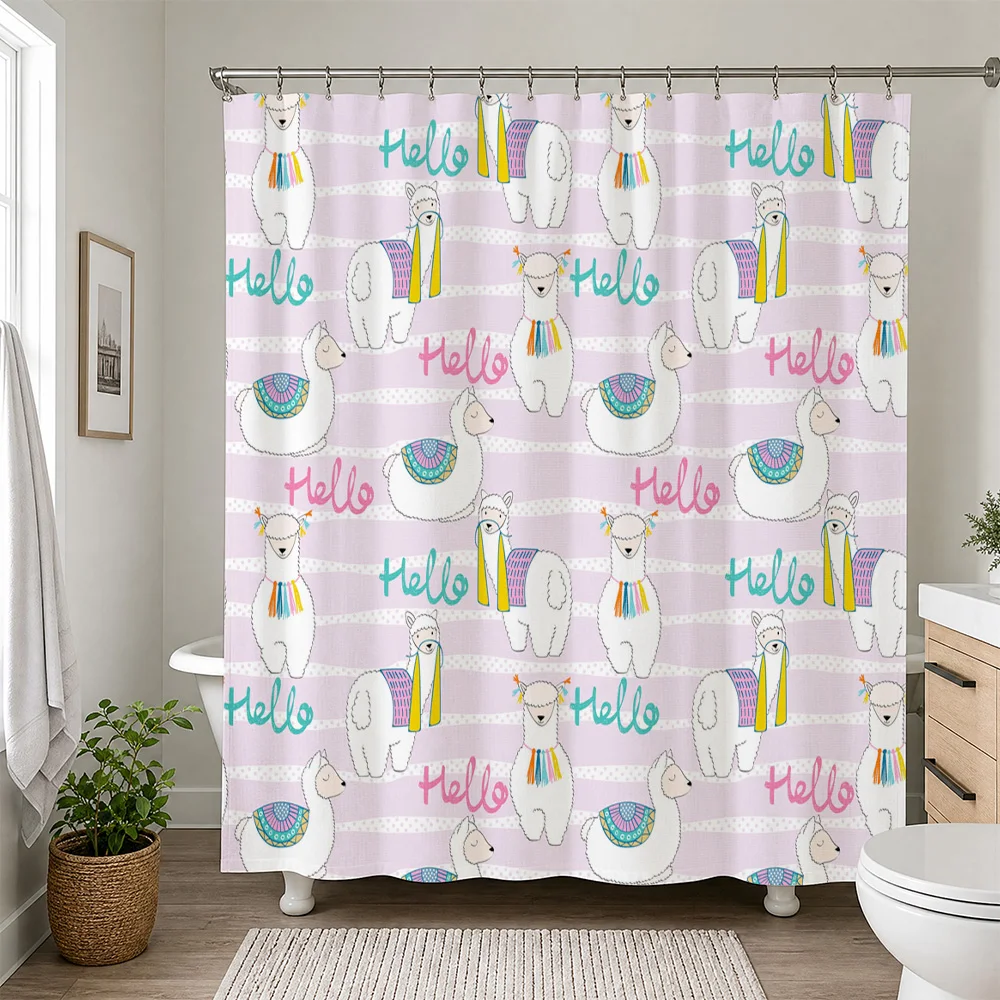 Waterproof Cute Alpaca Llama Shower Curtain Bath Liner Cartoon Animal Print Decor Whimsical Nursery Bathroom Home Accessories