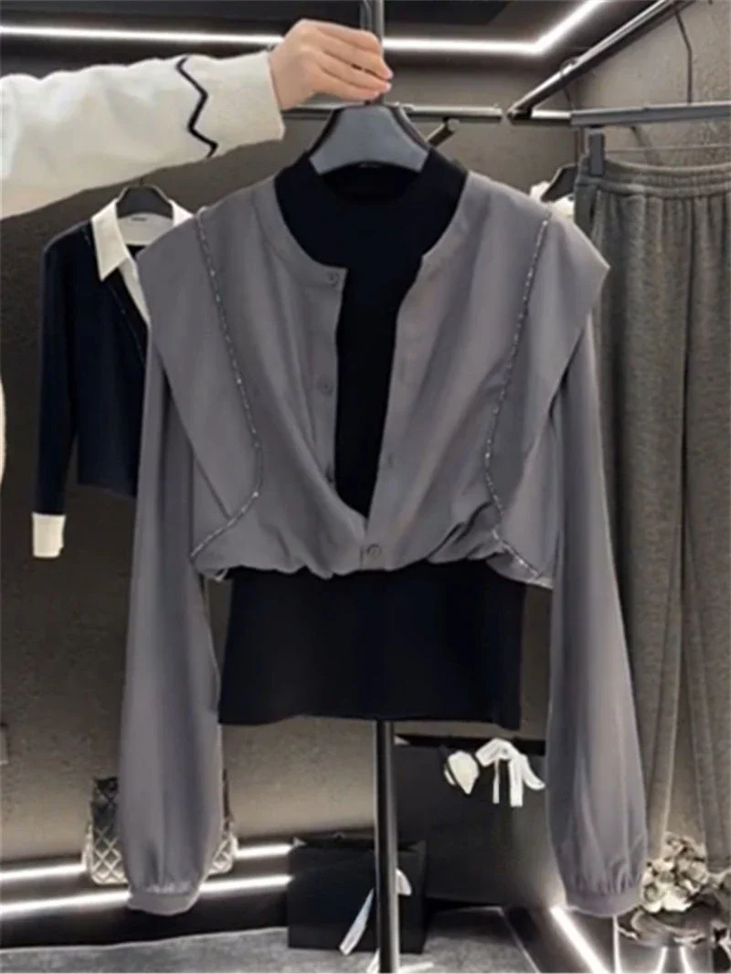 Patchwork Chemise Femme Retro Temperament Fake Two Pieces Blouse Blusas Mujer De Moda 2024 Autumn Tops Women Shirts