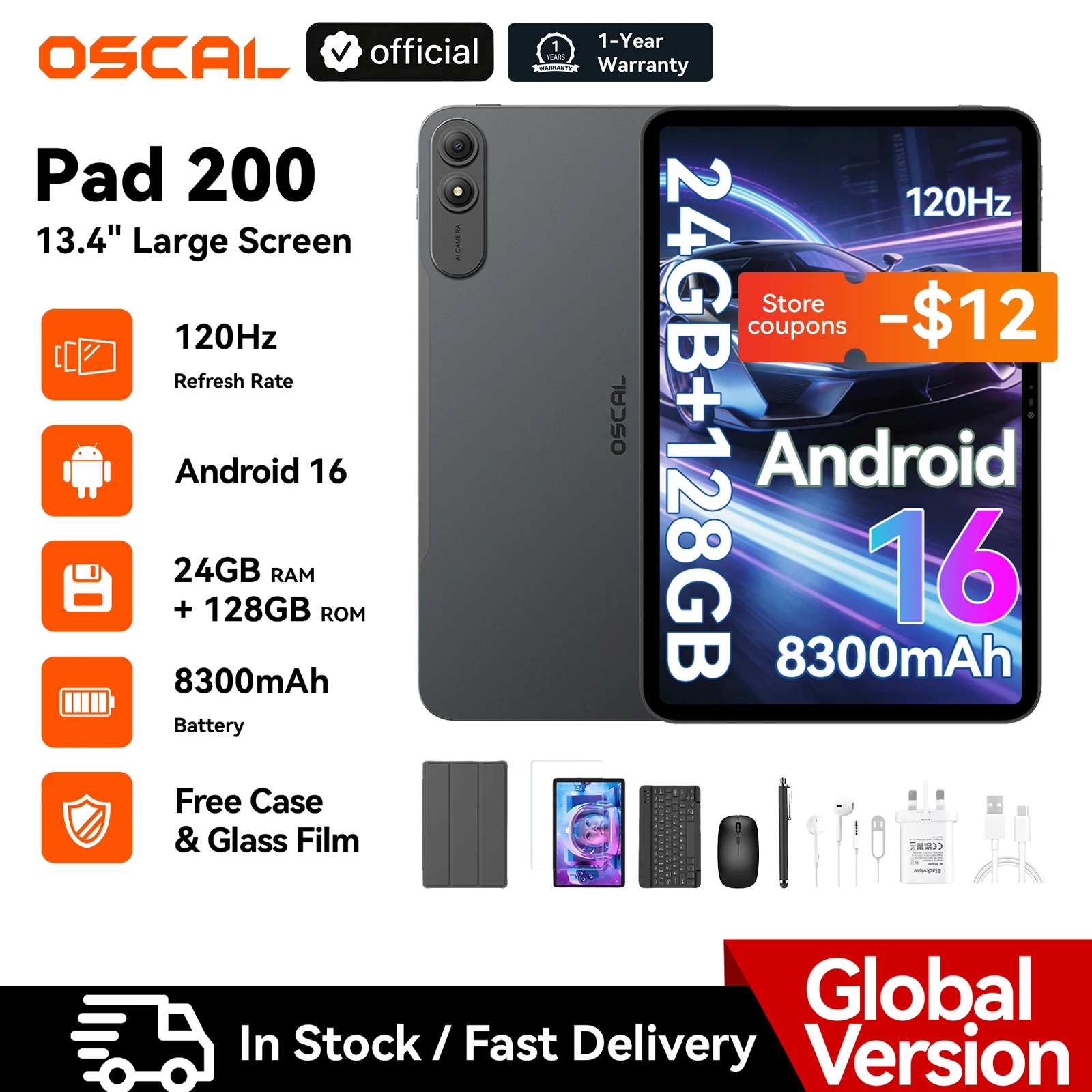 Blackview OSCAL Pad 200 Tablets Android 16 Tablet 13.4'' 120Hz 24GB RAM 128GB ROM Display 8300mAh Battery 18W 4G LTE For Office