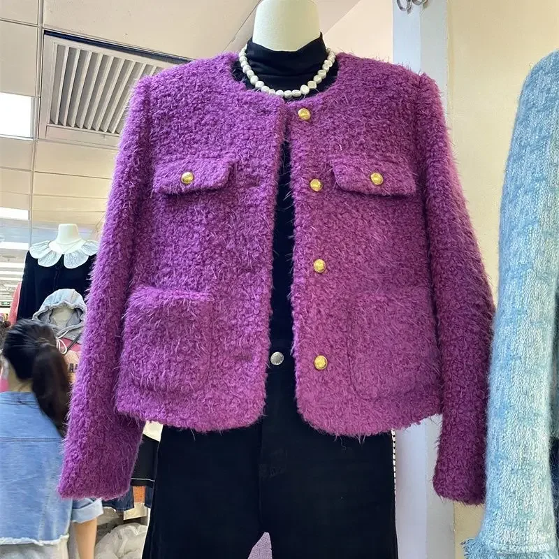 

2024, женское зимнее новое модное шерстяное пальто, белое, фиолетовое, толстое, мягкое, с круглым вырезом, свободная женская куртка на одной пуговице Q106