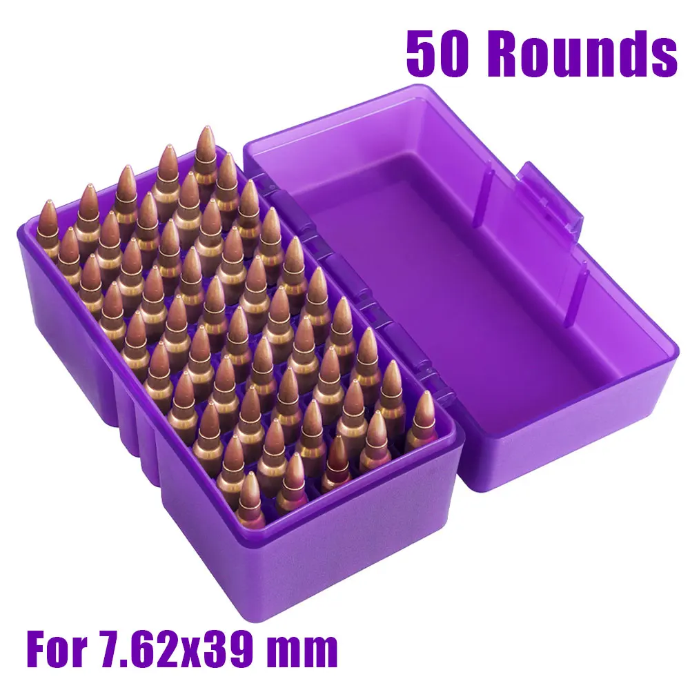 50 Rounds Hard Rifle Ammo Storage Box Cartridge Case Fit 7.62x39 5.56x45 .223 Rem Hunting Shooting Ammunition Organizer
