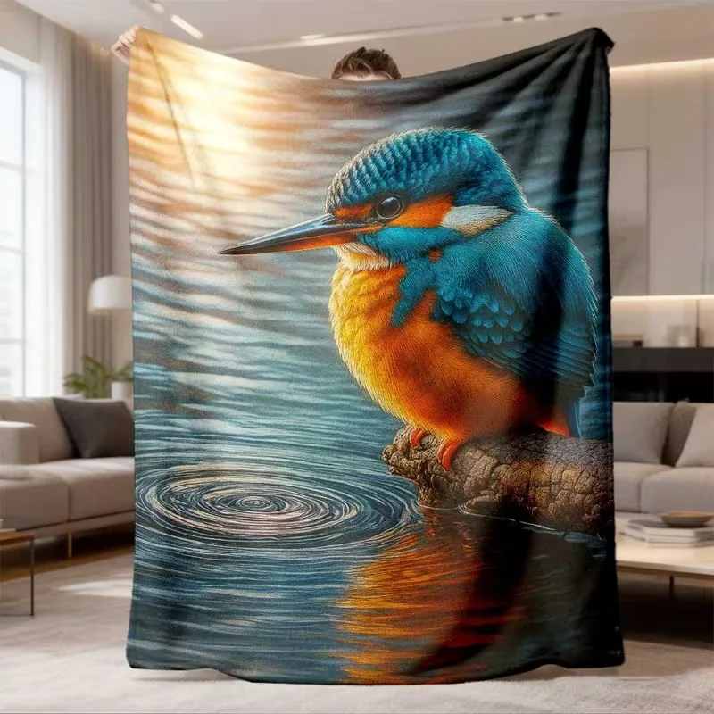 Watercolor Blue Budgie Parrot Floral Blanket Pastel Gradient Flower Bird Print Soft Cozy Blanket for Sofa Bed Cute Home Decor