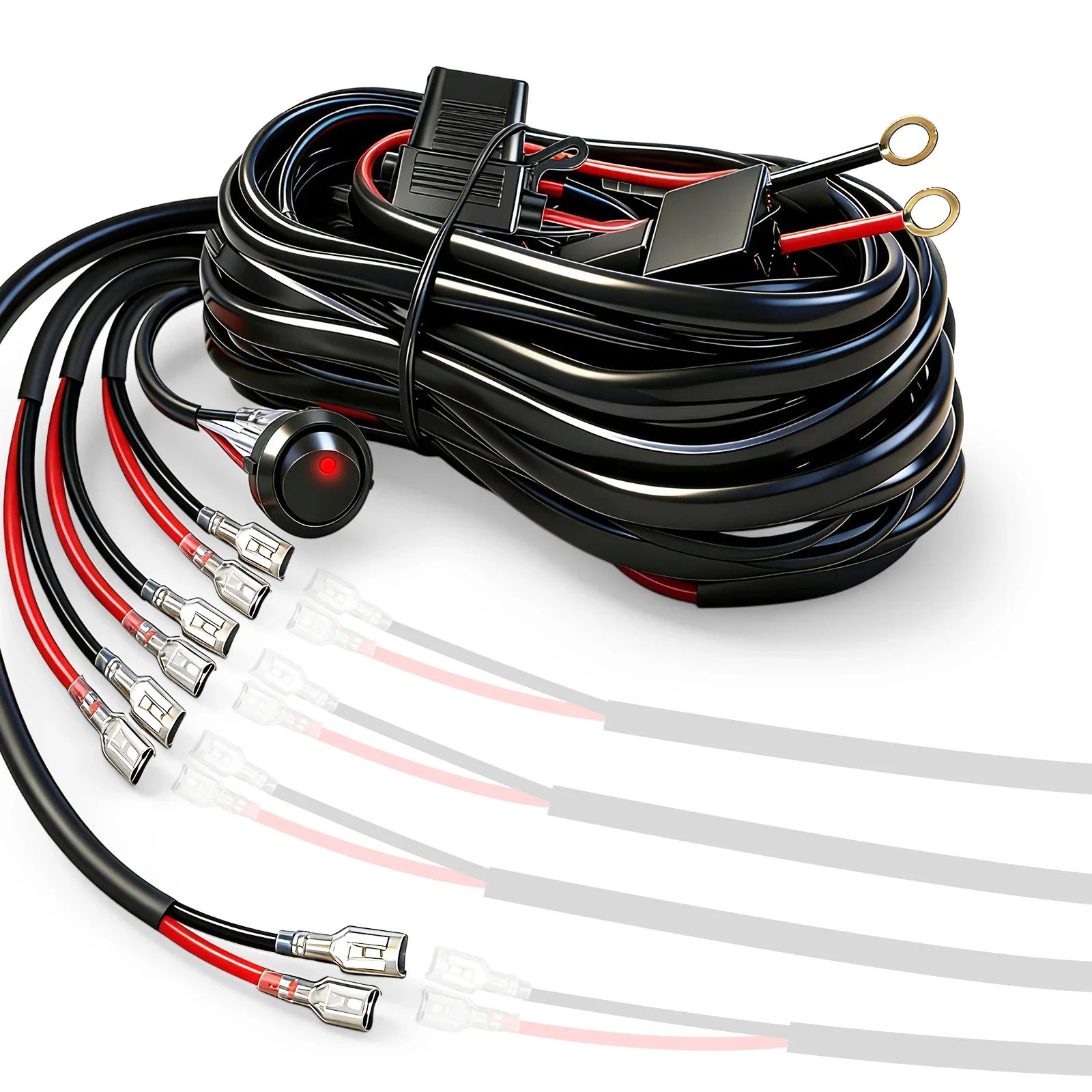 Braveway 4-fach LED-Lichtleisten-Kabelbaum-Kit 12V 30A Relais Ein/Aus-Schalter IP68 1 zu 4 LED-Lichtleisten-Verkabelung für Offroad-Einsatz
