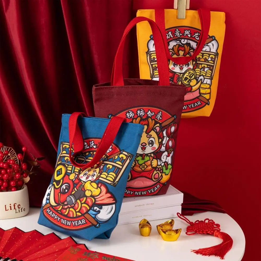 New Year Canvas Dragon Bucket Bag Animal Red Color New Year Handbag Ins Korean Style Shopping Bag Cartoon Tote Bag Shopping