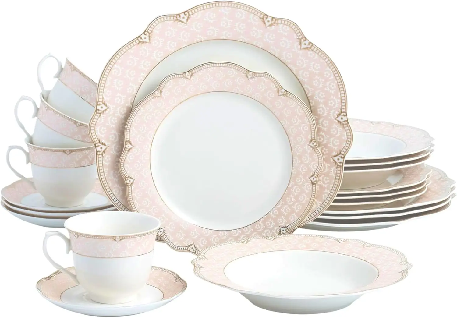 Juego de vajilla de porcelana para magnífico juego de platos de 4-20 piezas, blanco con diseño rosa vintage, platos y cuencos con tazas, comedor