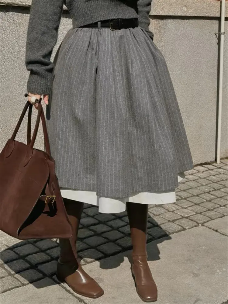 Fashionable Retro Striped Patchwork Midi Skirt Autumn Winter New Style Large Swing Grey Color Commute City Casual Loose Fit