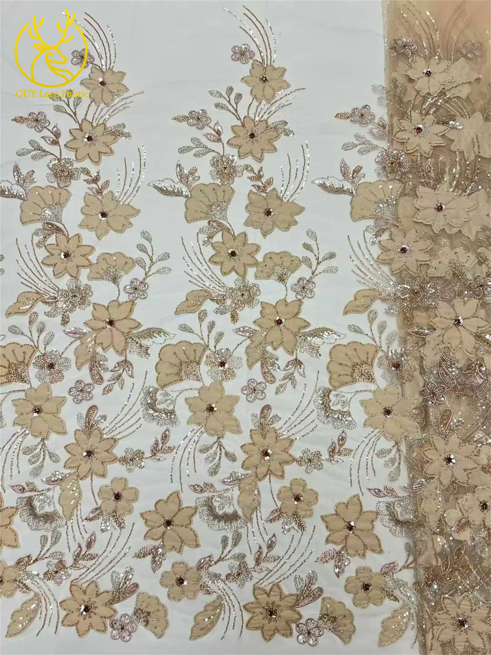 Afrikanischer Samtstoff mit Stickerei und schwerer Perlenverzierung, luxuriöser nigerianischer Pailletten-Spitzenstoff 2026 für Damen-Abendkleider – Detail 9
