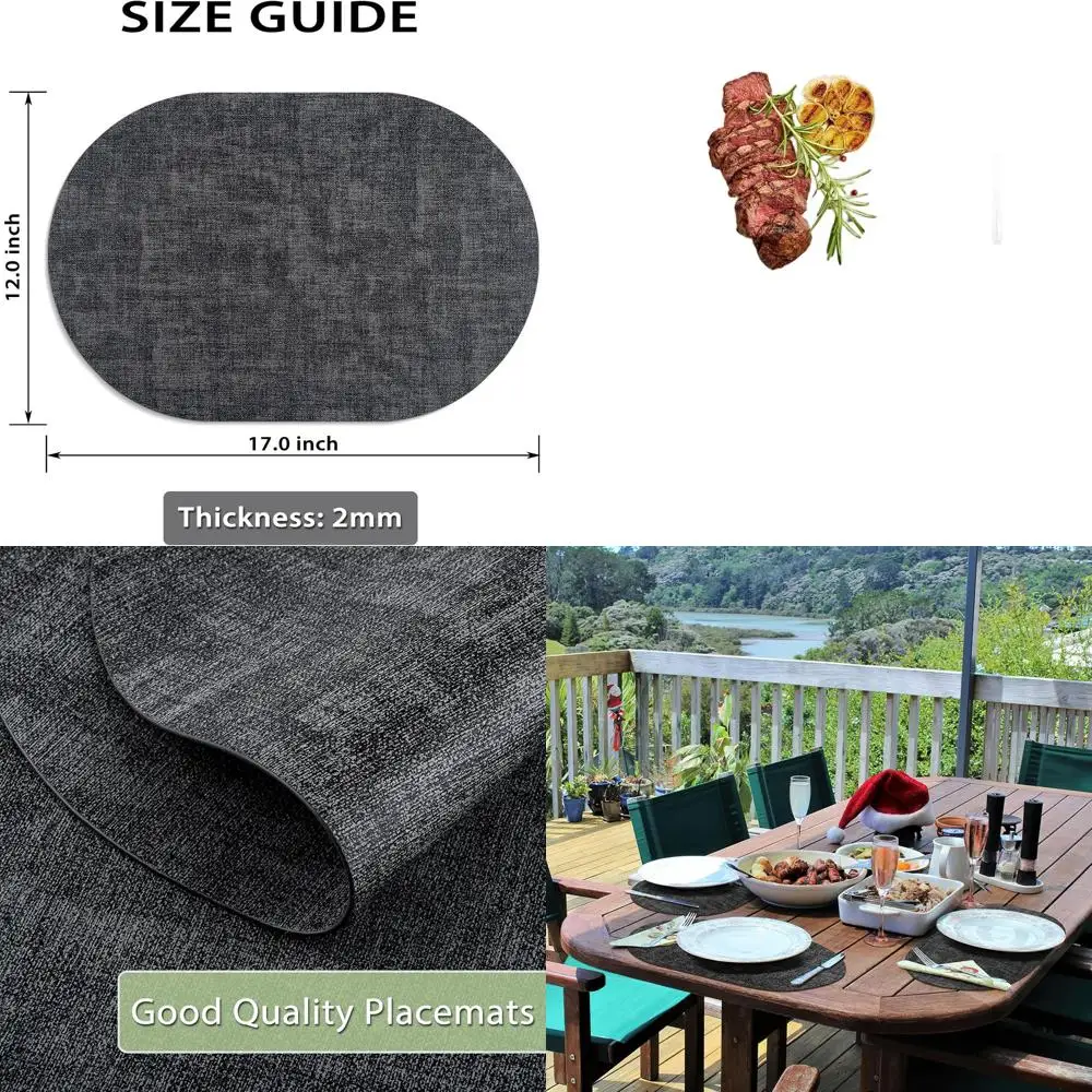 

Set of 12 Charcoal Waterproof Oval Placemats - Non-Slip, Wipeable, Heat Resistant for Indoor & Outdoor Use