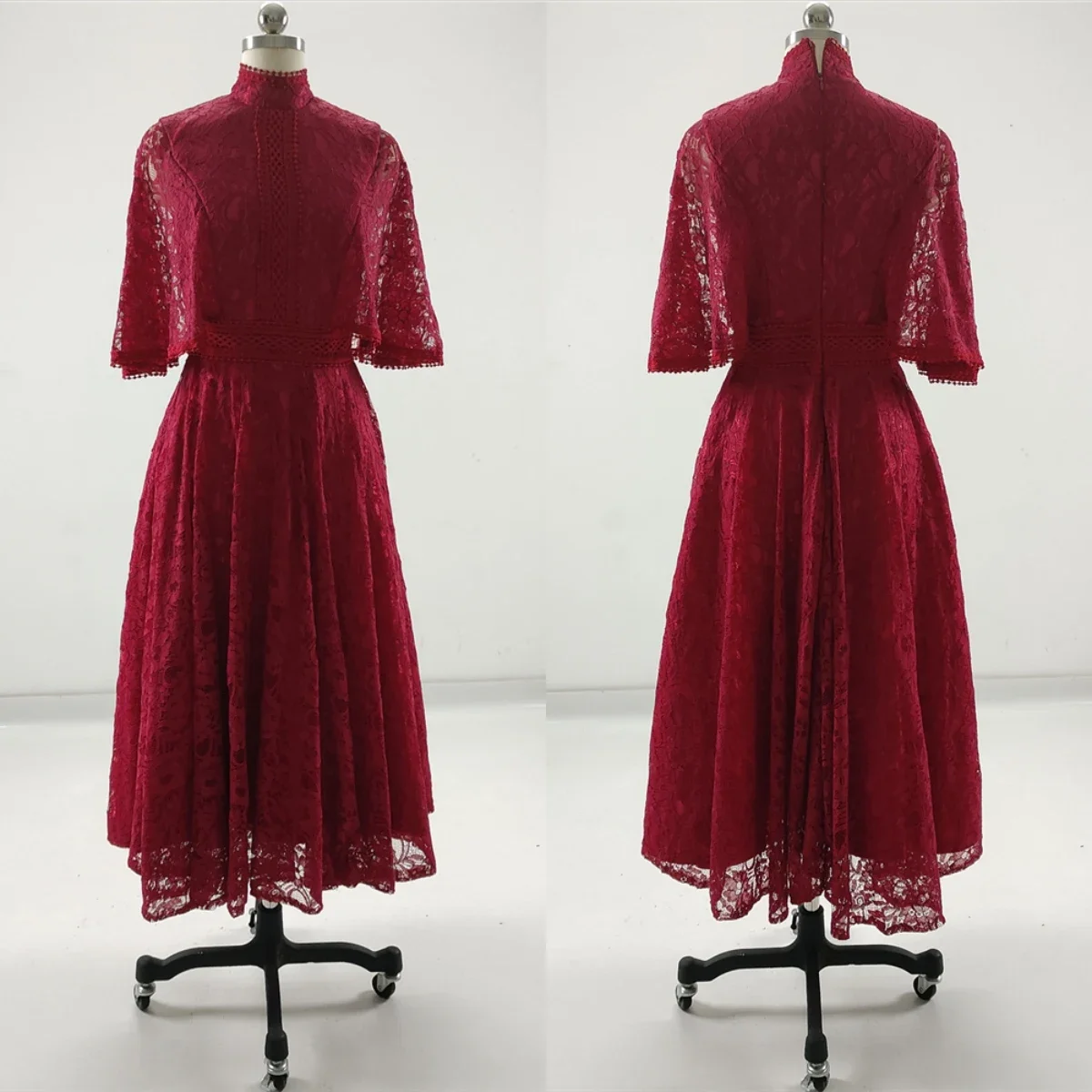 Party Dress Classic Burgundy Lace High Collar Half Sleeves Zipper Tea-length A-line Plus size Customized Women Prom Formal Gown