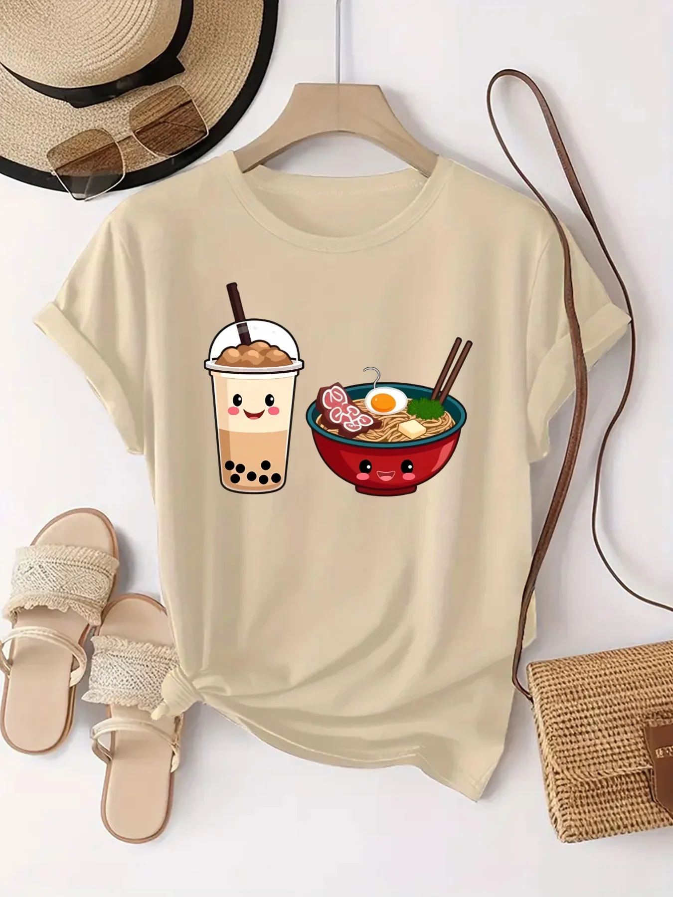 2026 New Fashion Women Tee Summer Cute Milk Tea Ramen Cartoon Print Casual Crew Neck Short Sleeve Comfortable Clothing Clearance