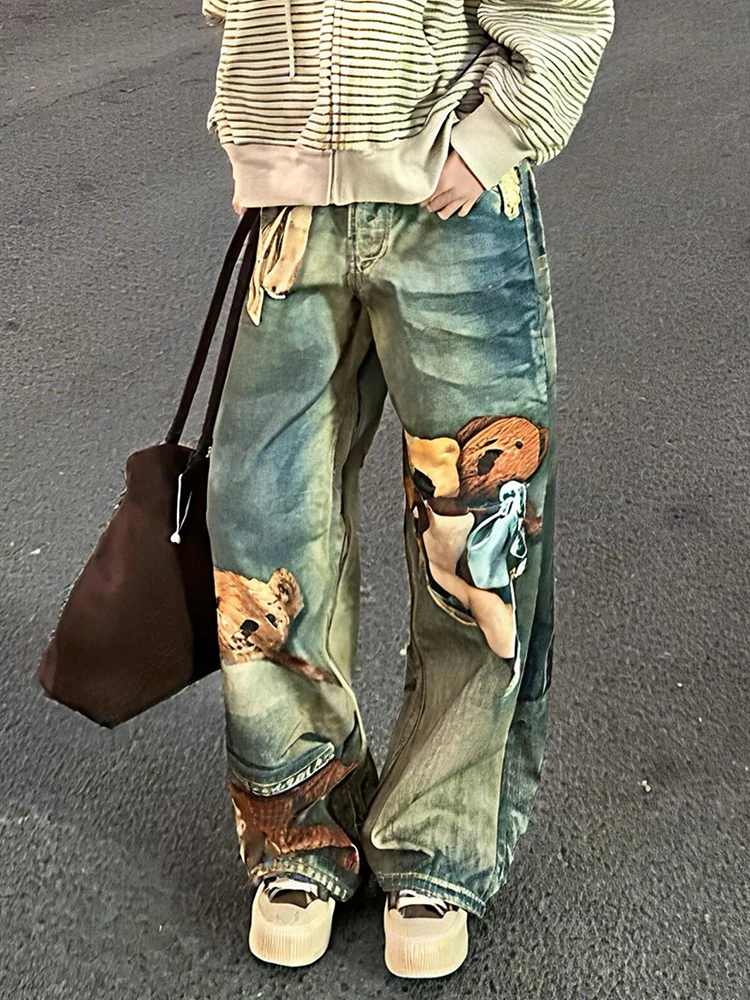 

Американский High Street, тяжелый дизайн, джинсовые брюки с оптической иллюзией и принтом медведя, женские сексуальные длинные сапоги, удобные нейтральные сапоги