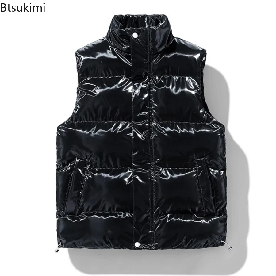 New Unisex Shiny Stand Collar Down Cotton Padded Vest Autumn Winter Fashion Loose Warm Casual Sleeveless Waistcoat for Men Women
