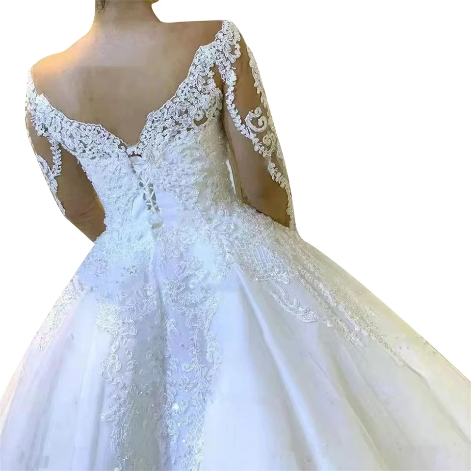 Customized Sequins Appliques V-neck Lace Ball Gown 2025 Wedding Dresses For Woman Court Train Bridal Gowns Vestidos De Novia