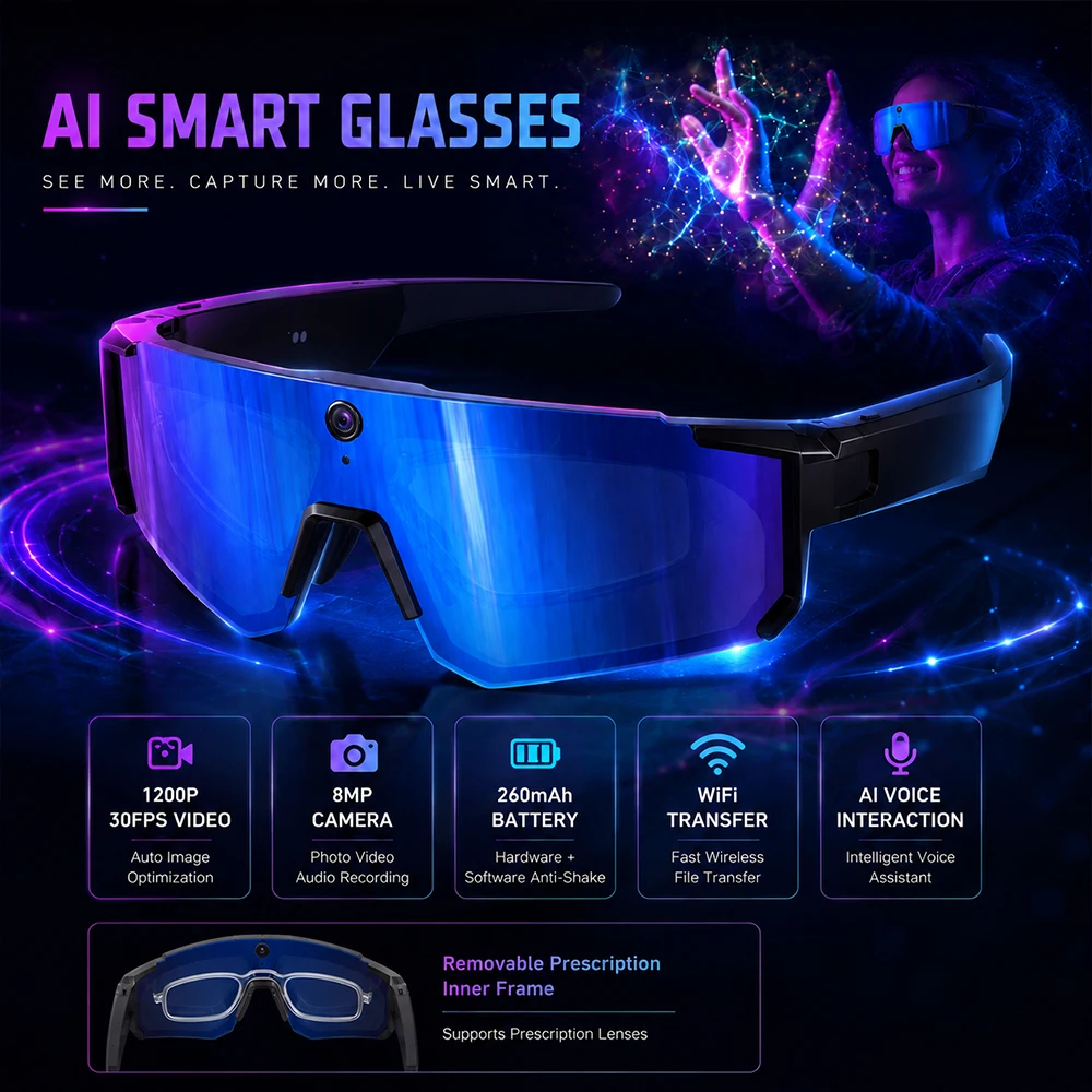 2026 AI Sport Camera Glasses JL7018F 2GB 8MP Lens 1200P 30FPS Video WiFi Transfer EIS Stabilization Voice Control 260mAh 49.5g