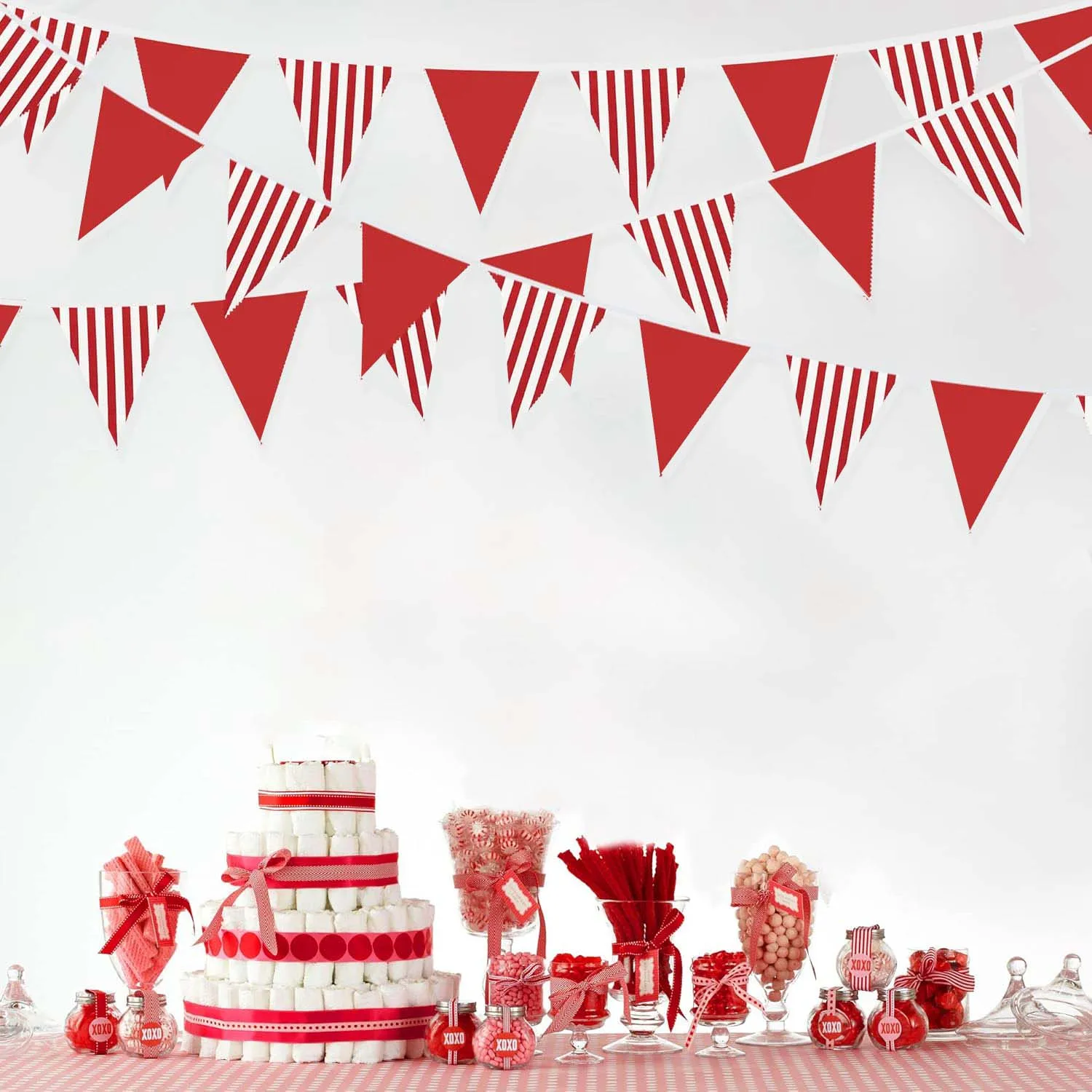 10M Red and White Banner Triangle Flag Bunting Garland Streamer for Carnival Circus Kids Birthday Wedding Outdoor Garden Hanging